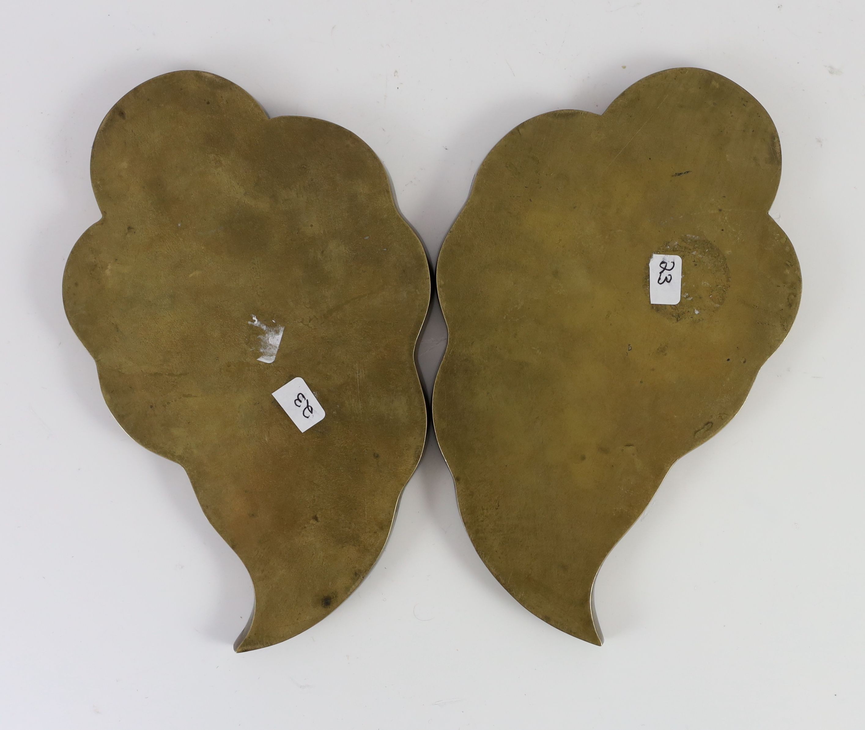 A pair of Chinese cloisonné enamel artemisia leaf shaped bronze trays, late 19th century, 19cm long